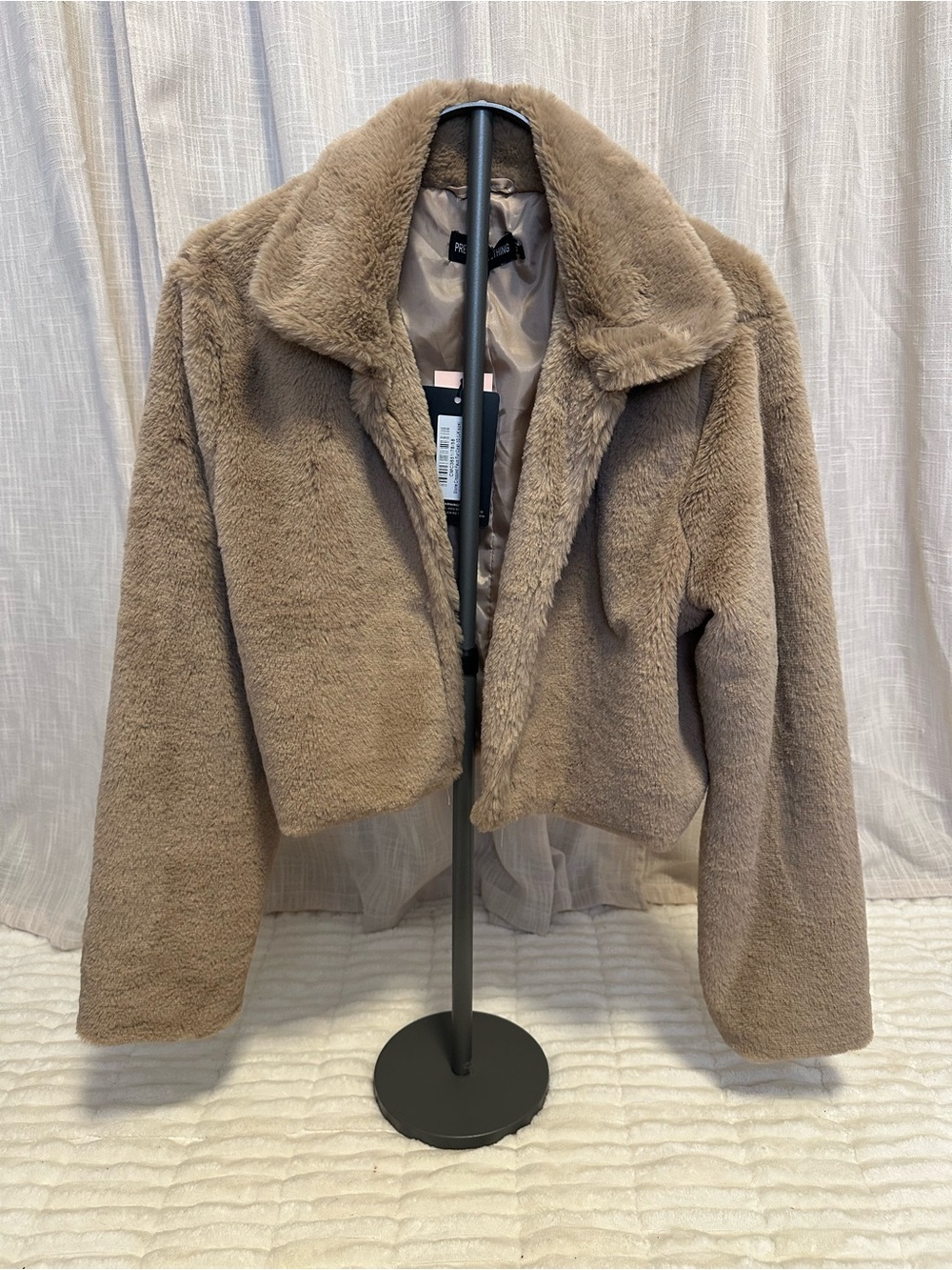 Pretty Little Thing Stone Cropped Faux Fur Coat